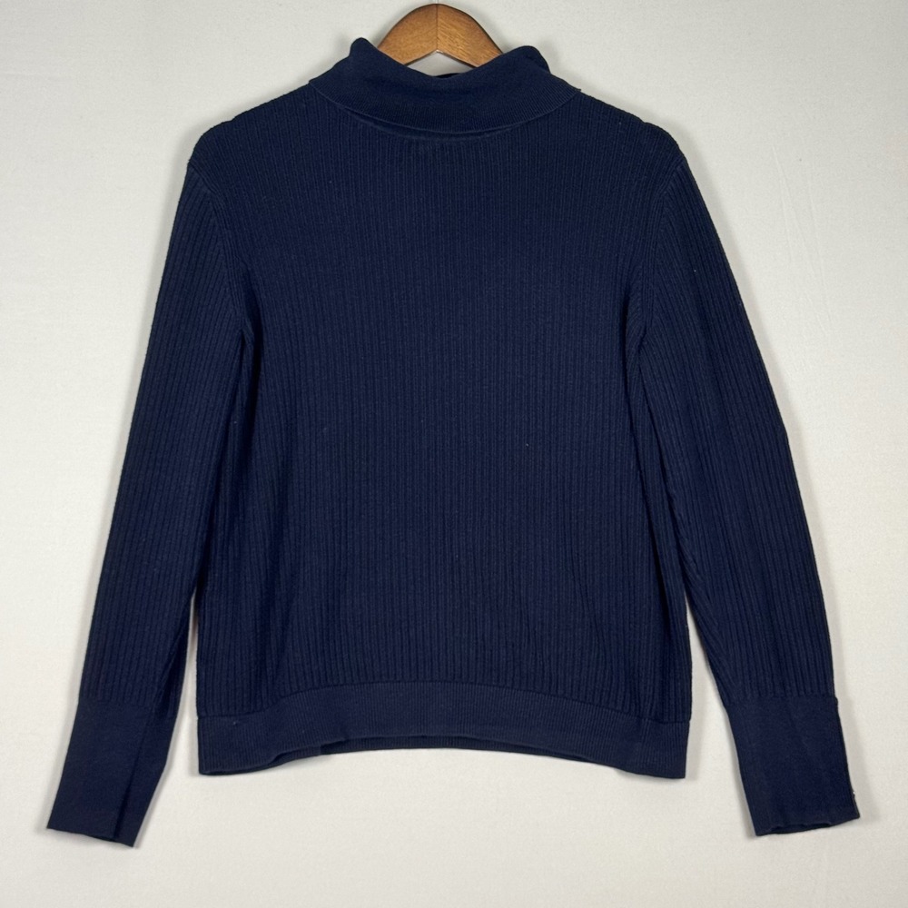 Talbots Mock Neck Sweater Women L Navy Blue Excellent Button Cuff Cotton Blend